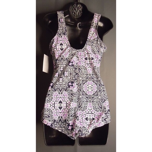 Swimsuits For All Sarong 1-Piece Swimsuit 12 Purple Black White Floral Print - Picture 7 of 7